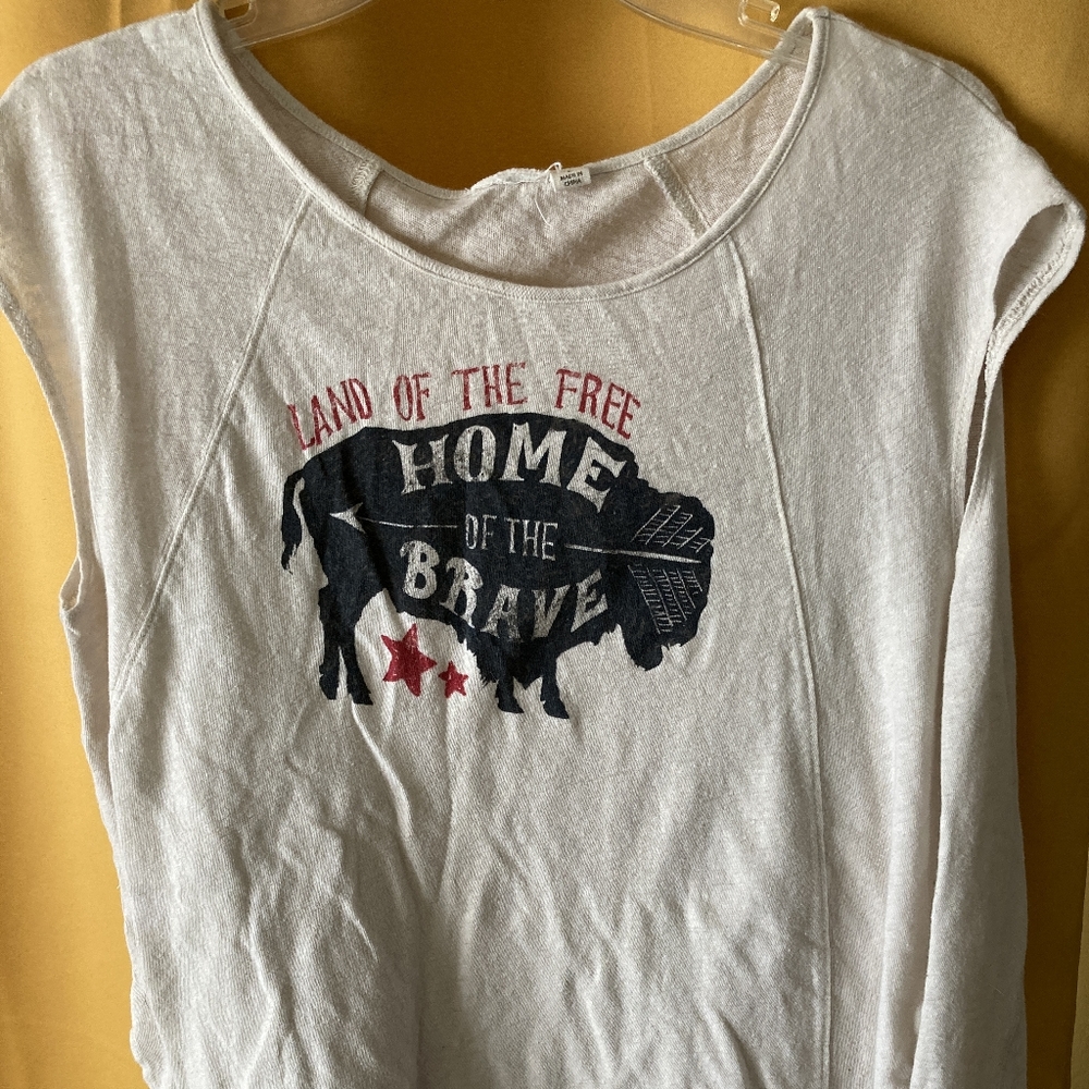 Ladies Sleeveless Tshirt Land of the Free Home of the Brave Frontier Justice-L